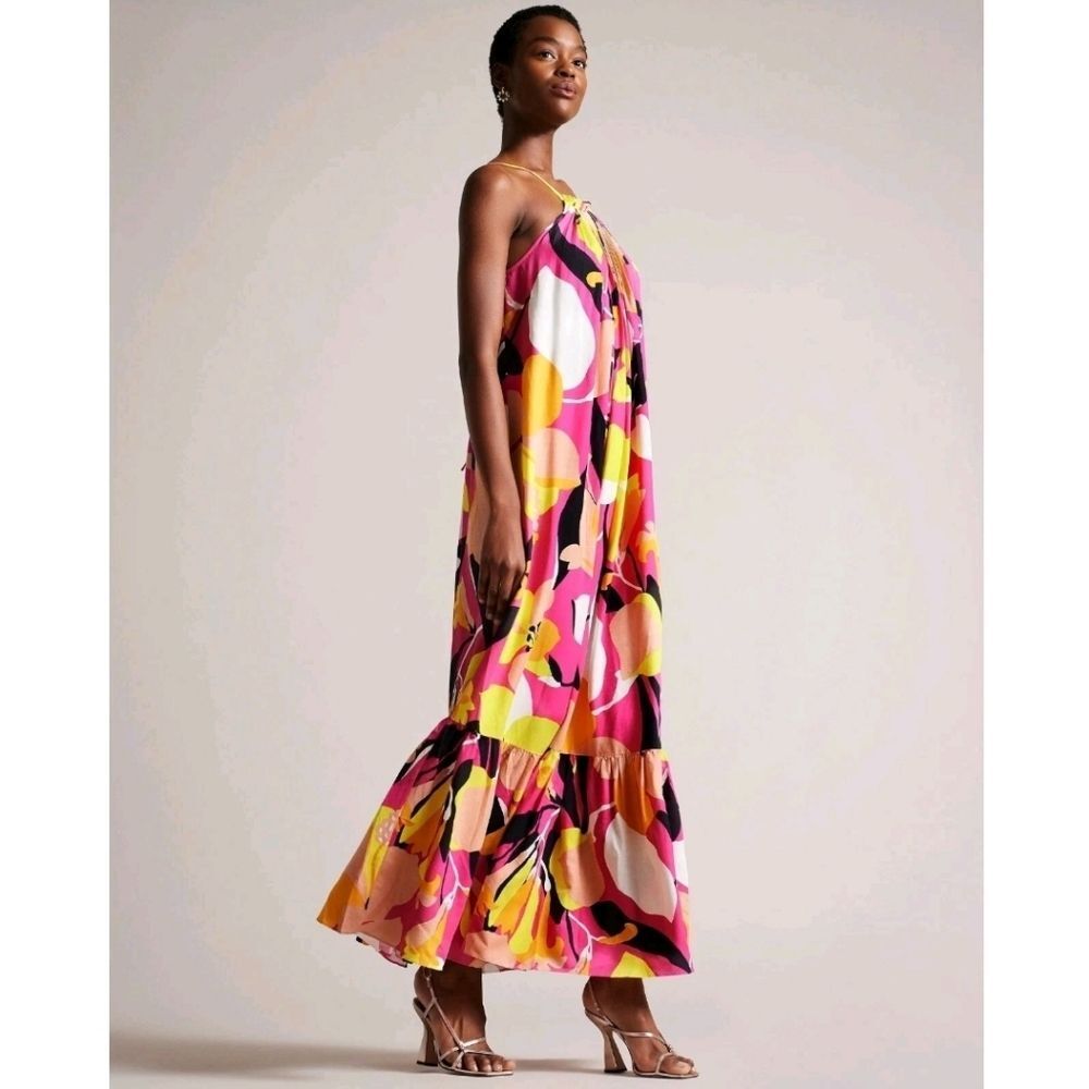 TED BAKER Maxi Dress 4 Ikella Linen Strappy Back Pleated Resortwear Summer Flowy